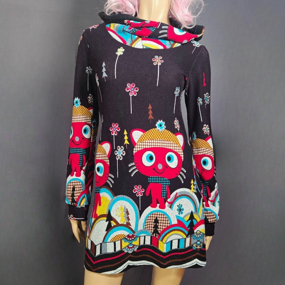 Vintage Hooded Funky Cat Print Mini Dress Size M Festival Rave Boho Hippie